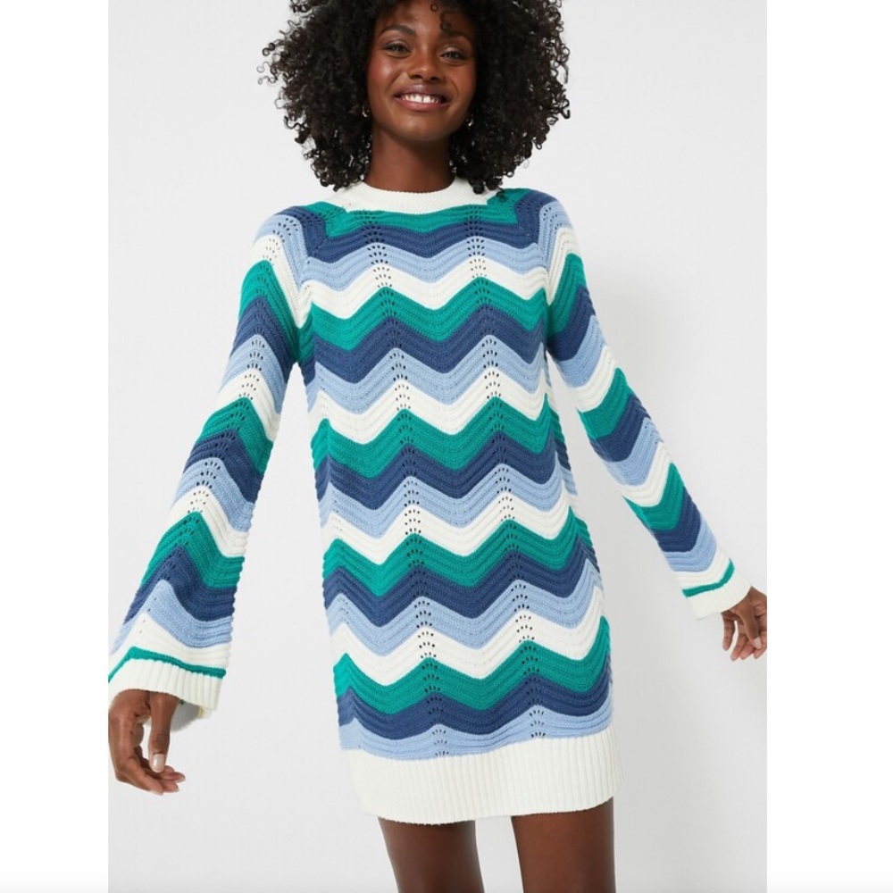 NWT Tuckernuck Beatriz Aqua Wavy Bell Sleeve Chevron Knit Sweater Dress